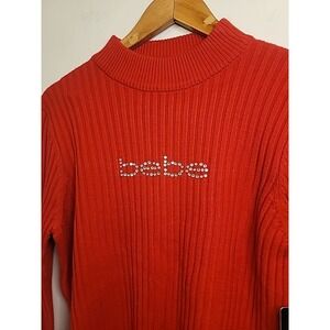 bebe Women's Extra Large‎ Knit Sweater Top  Rhinestone Logo Vibrant Red NWT